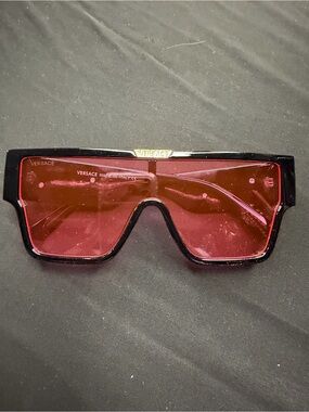 Versace Black Frame Shield Sunglasses with Red Lenses